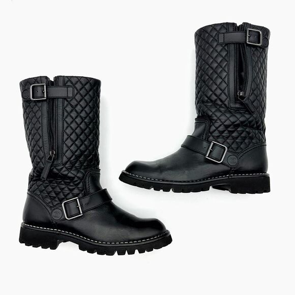 CHANEL Black CC Logo Quilted Moto Boots Size 38 Leather - Picture 7 of 13